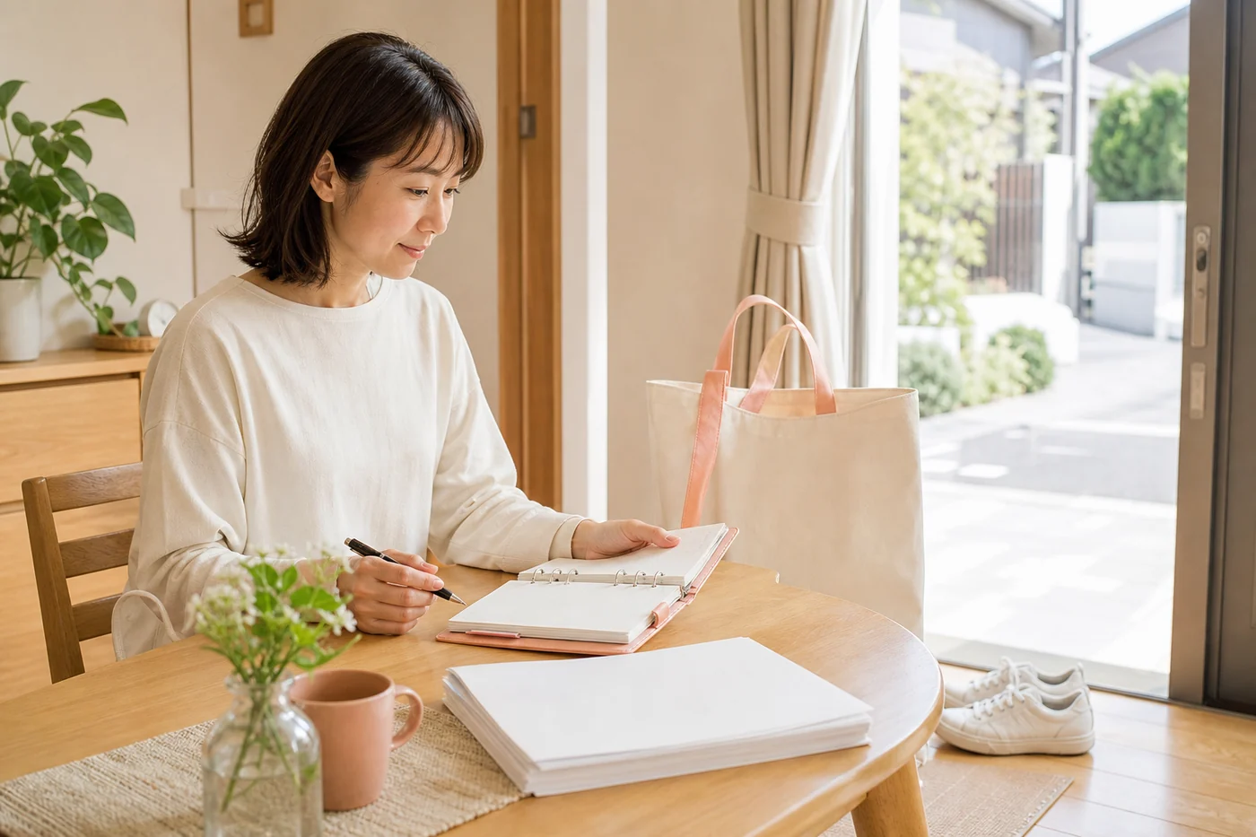家で予定を確認しながらポスティングの準備をする女性