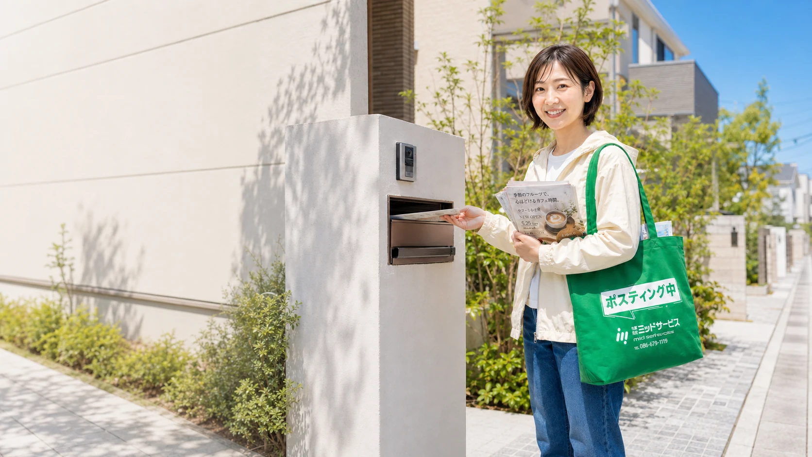 緑色のバッグを持って住宅街のポストへチラシを届けるスタッフ
