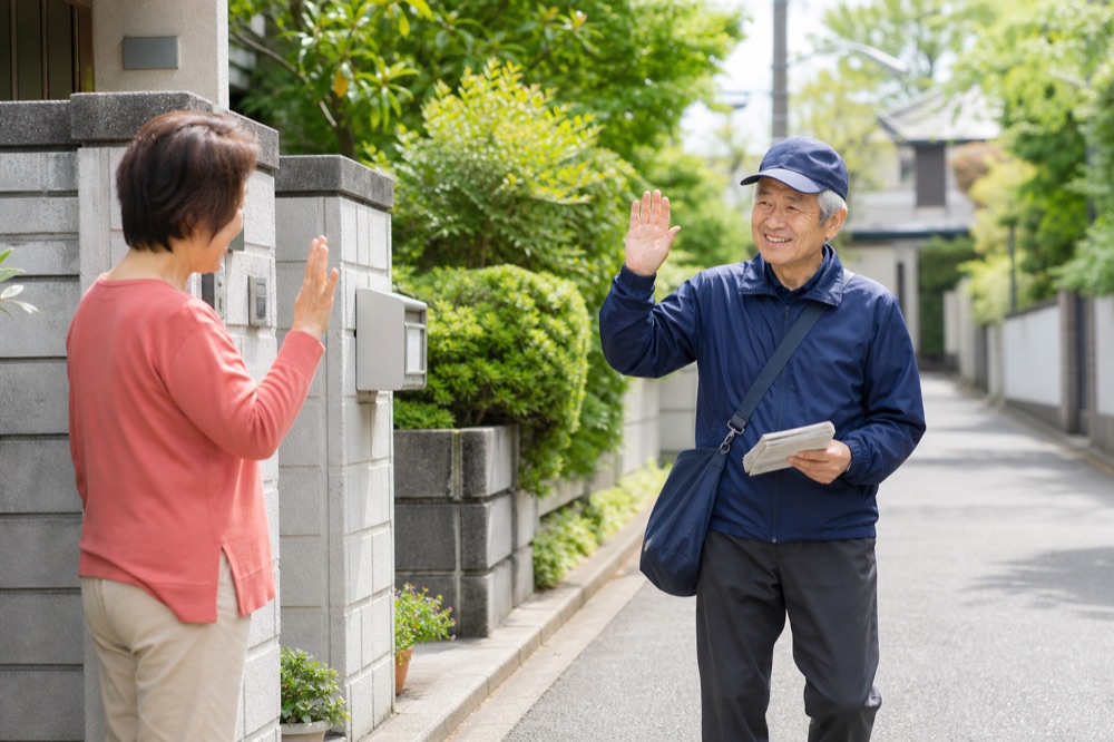 住宅街で地域の方と笑顔で挨拶を交わす年配の男性配布スタッフ