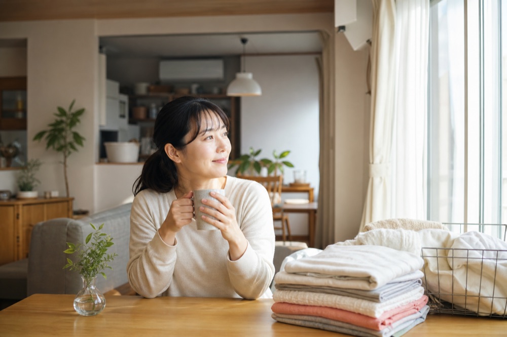 家事を終えて自宅で穏やかな時間を過ごす主婦