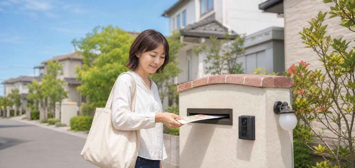 主婦の配布スタッフが住宅街のポストへチラシを届ける様子