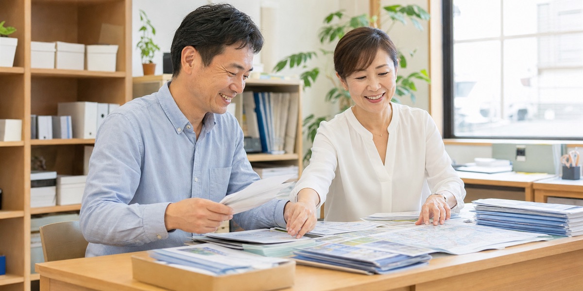社内スタッフがチラシと配布地図を準備する様子