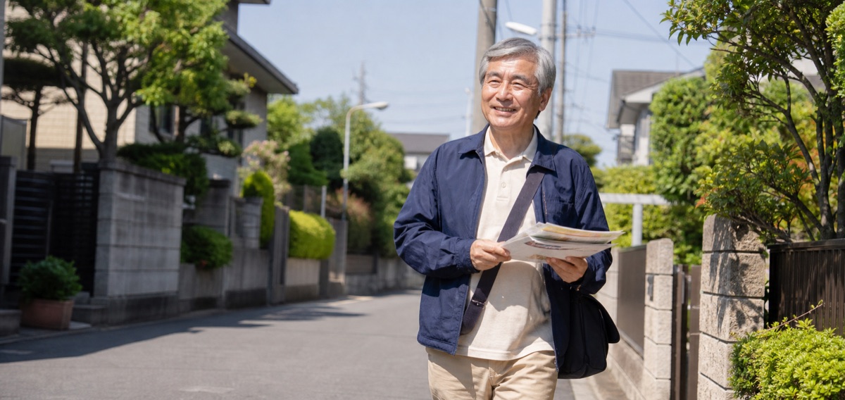 シニア男性の配布スタッフが晴れた住宅街を歩く様子
