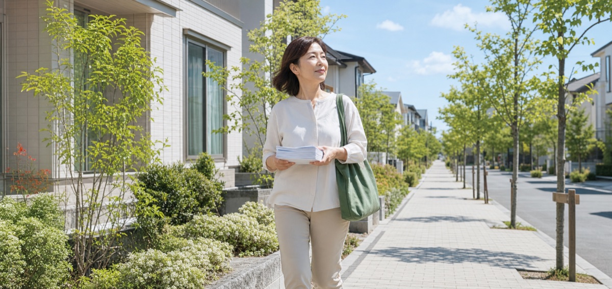 女性配布スタッフが天気の良い住宅街を歩く様子