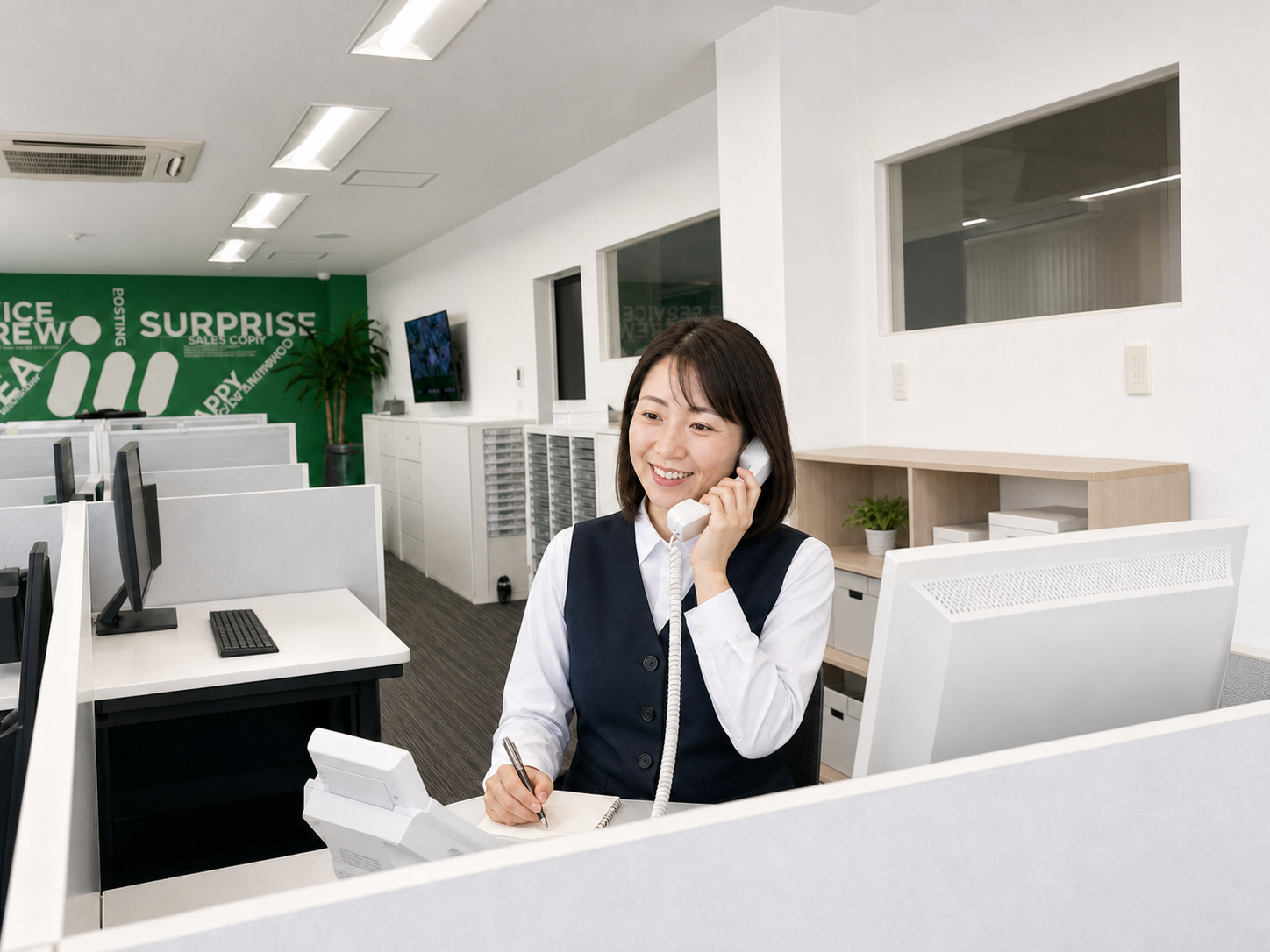 明るく整理された社内で笑顔で電話対応する制服姿の女性事務員